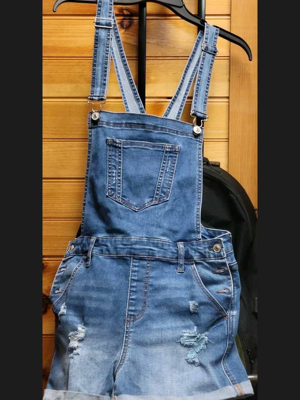 Wax Jean Medium Blue Distressed Denim Women's Overall Shorts